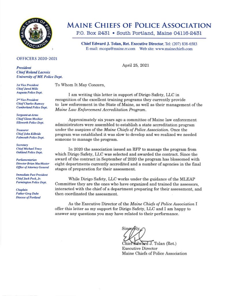 Letter of support from Maine Chiefs of Police Association